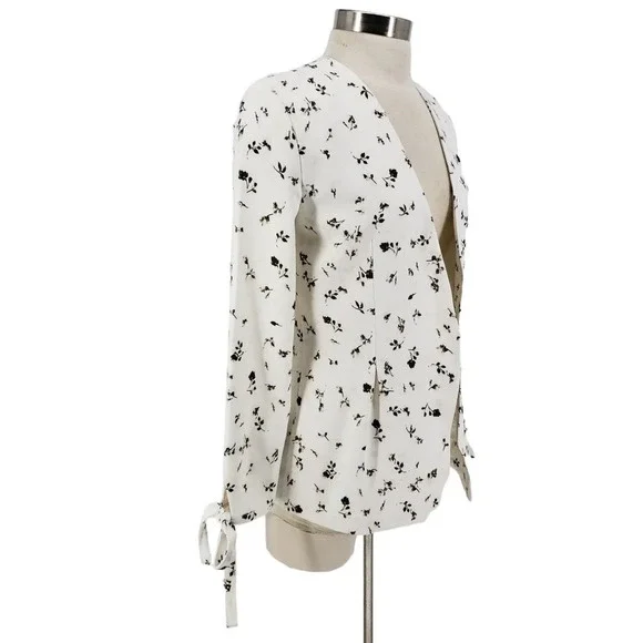 Hinge Blazer Ivory Cotton Floral Tie Long Sleeve Open Front Jacket - Picture 3 of 8